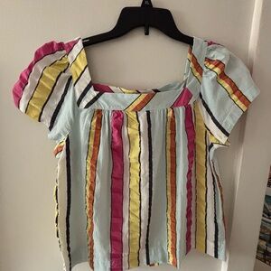 Vintage J. Crew Light Blue Striped Square-Neck Puff Sleeve Top